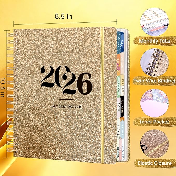 Yoment 2026 Planner Weekly and Monthly, 13 Month Hardcover Planner Dec 2025 - Dec 2026, 8.5" x 10.3" Large Spiral Bound Academic Planners for Women, Men, Daily Agenda with 3 Sticker Sheets (Glod)