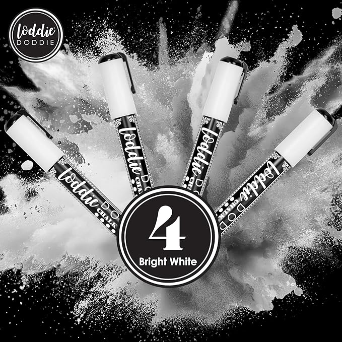 Loddie Doddie Liquid Chalk Markers - Pack of 4, 6mm White Chalk Markers for Chalkboard, Window, Glass & Bistro, Bullet & Chisel Tip - Erasable Ink Pens for Blackboard - Chalkboard Pens Erasable
