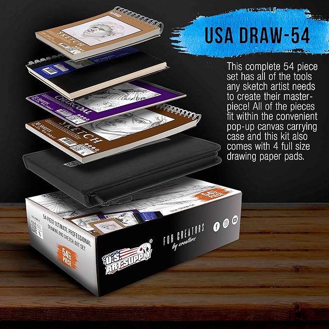54-Piece U.S. Art Supply Drawing & Sketching Set with 4 Sketch Pads - Ultimate Artist Kit with Graphite, Charcoal, Pastels, Erasers in Pop-Up Carry Case
