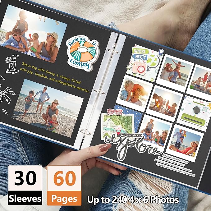 Vienrose Scrapbook Photo Album 12x12 Inch 3 Ring Binder, Linen Cover Large DIY Scrapbooks with 30 Sheets Plastic Sleeves 60 Pages Blank Black Inner Pages for Wedding Birthday Travel Baby Photos Blue