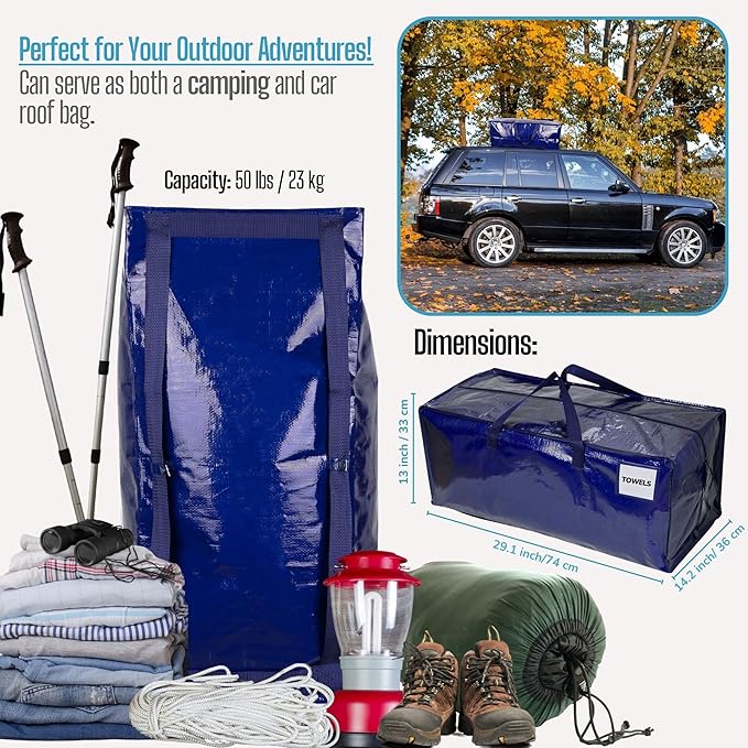 VENO 4 Pack Moving Bags w/Backpack Straps, Heavy Duty, Moving Boxes Alternative, Packing Supplies, Large Storage Totes for Dorm Room Essentials with Zipper for Clothes (Blue, 4 Pack)