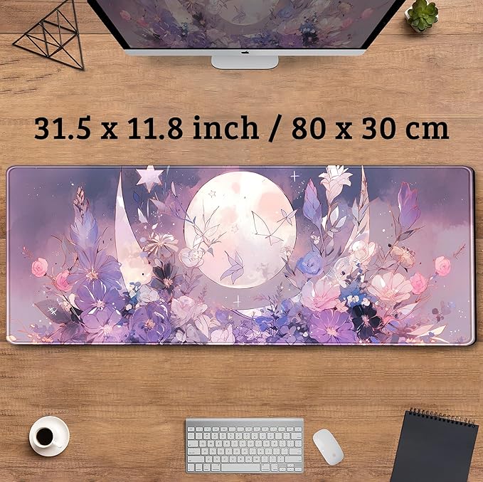 Cool Kawaii Pastel Purple Floral Desk Mat Mouse Pad Large Gaming Mousepad Spiritual Full Moon XL Extended Desk Pad Laptop Keyboard Mouse Mat, Cute Deskmat for Women Office Decor 31.5''x11.8''