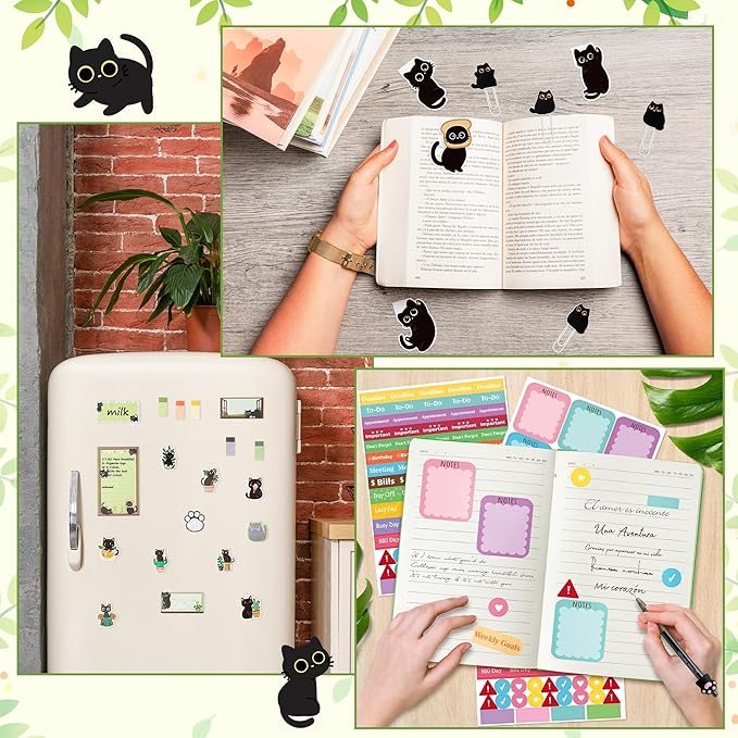 B1ykin Notebook Sticky Notes Stationery Set, 6Pcs Hardcover Ruled Journal Notebook with Planner Stickers, Neutral Pen Bookmarks Clips Birthday Gift for Office Students (Black Cat Floral)
