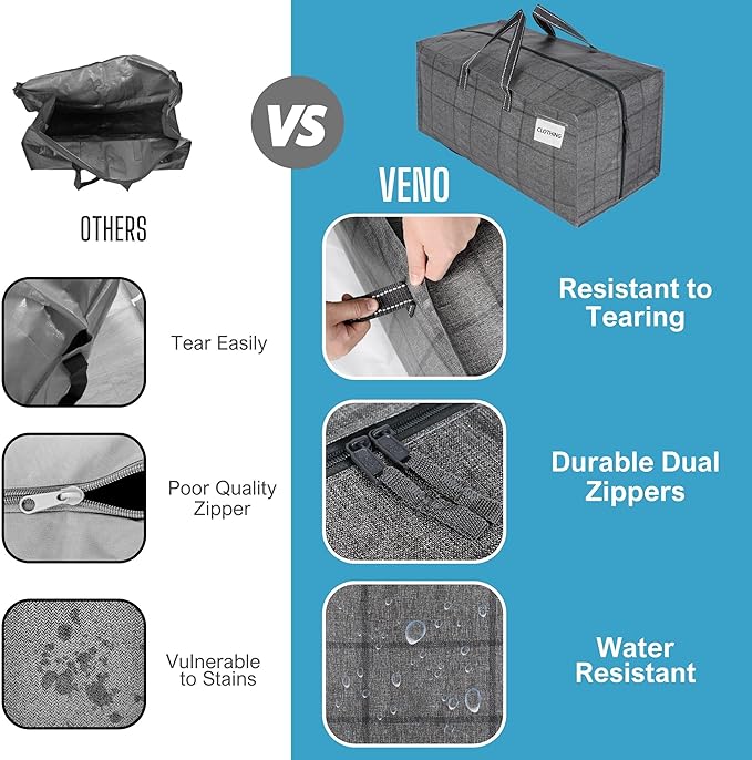 VENO 6 Pack Moving Bags w/Backpack Straps, Heavy Duty, Moving Boxes Alternative, Packing Supplies, Large Storage Totes for Dorm Room Essentials with Zipper for Clothes (Windowpane, 6 Pack)