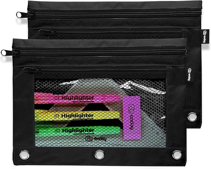 Enday Black Pencil Pouch for 3 Ring Binder (2 Pack) Binder Pencil Pouch, 3 Ring Pencil Pouch for Binder, Pencil Bags, Zippered Pencil Pouch, Pencil Case for Binder