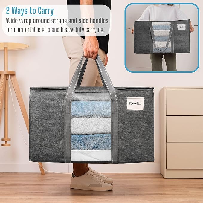 VENO 4 Pack Moving Bags, Moving Supplies, Moving Boxes, College Packing Storage Boxes with Lids Alternative, Heavy Duty Totes, Extra Large, Sturdy Handles, Zipper (Dark Gray with Window, 4 Pack)