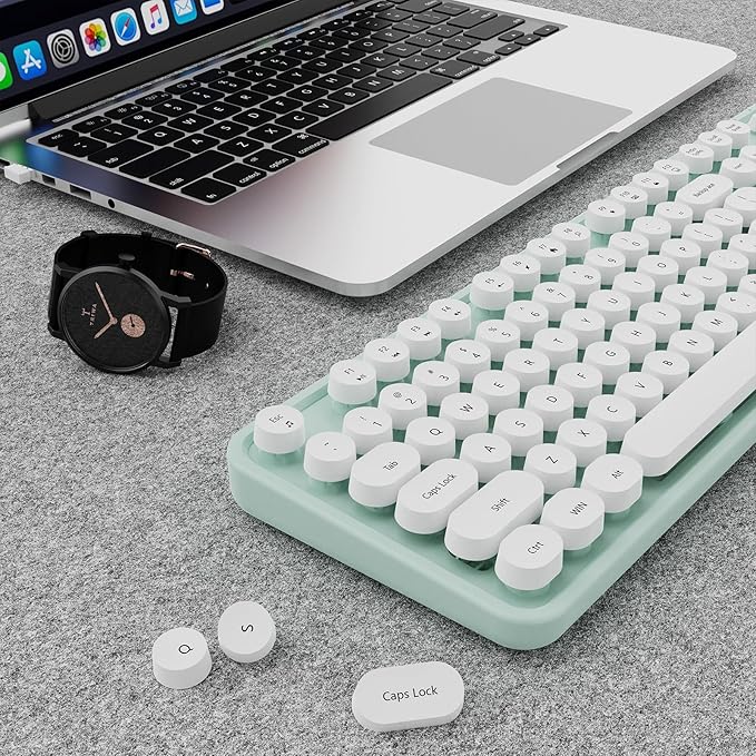 Wireless Keyboard and Mouse Combo, Ergonomic Full Size Typewriter Retro Round Keycaps Keyboard, Compatible with Windows, PC, Perfer for Home and Office Keyboards（Green）