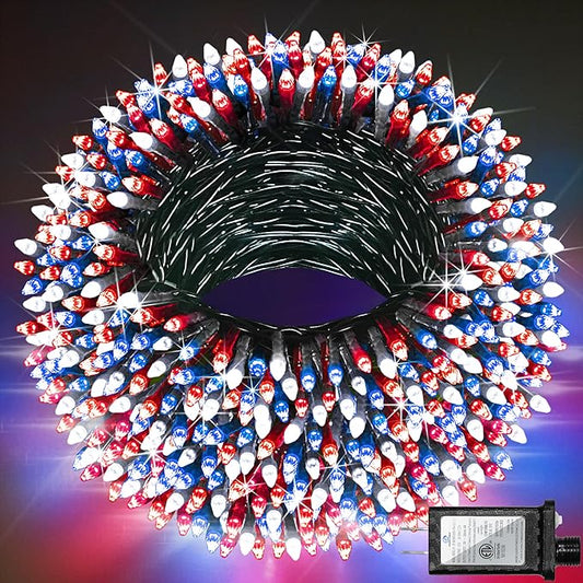 1500 LED Christmas Lights Outdoor with 12 Modes, 470FT Green Wire Christmas String Fairy Lights with Timer & Dimmable, Waterproof Twinkle Tree Lights for House Wedding Xmas Decor, Red White & Blue