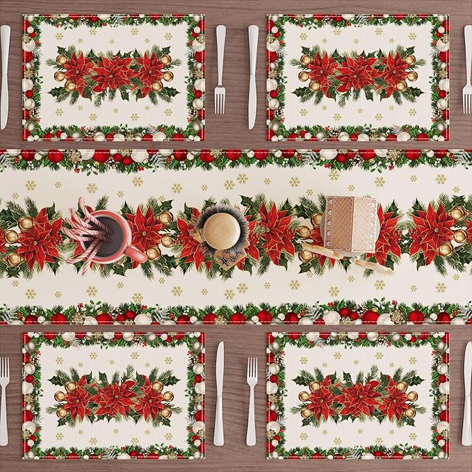 XCHI Christmas Poinsettias Leaves Bells Snowflakes Winter Xmas Placemats Set of 6 Table Mats for Party Home Kitchen Dining Table Decorations 12x18 Inch