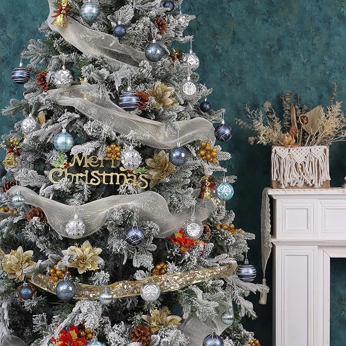 100ct Blue and Silver Christmas Ornaments Set, Shatterproof Christmas Decorations for Tree Plastic Xmas Ball Ornaments with Assortment of Designs and Size for Holiday Party Decor (Black & Silver)