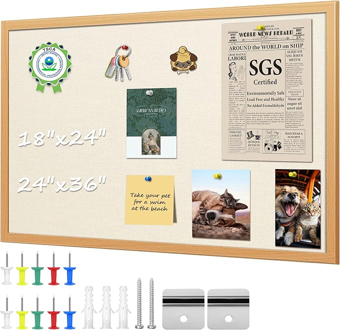 SHANTRA 24 x 18 Inch Bulletin Board with Beige Fabric, Wood Framed Canvas Cork Board, Corkboard for Walls with 10 Pins, Decorative Vision Board, Wall Mounted Notice Board for Home, Office, School
