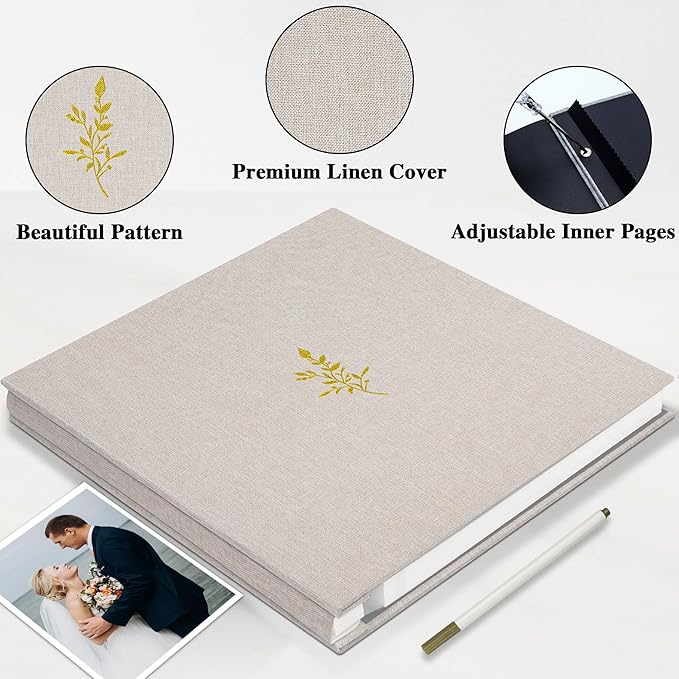 Self Adhesive Photo Album, Beige Scrapbook Album with DIY 40 Blank Pages, Wedding Photo Album with A Metallic Pen for 4x6 5x7 2x3 Pictures, 10.6"x11"