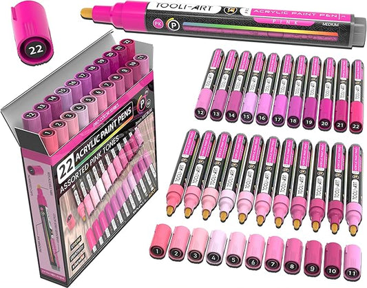 TOOLI-ART 22 Acrylic Paint Markers Paint Pens Pro Color Series Set 3mm Medium Tip for Rock Painting, Glass, Mugs, Wood, Metal, Glass Paint, Canvas, DIY. Non Toxic, Waterbased, Quick Drying (PINK)