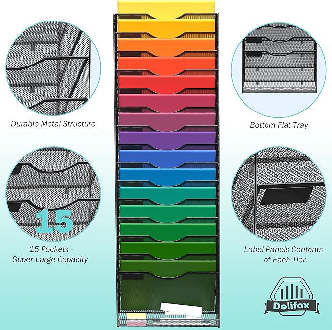 16-Tier Wall Mounted Hanging File Organizer Wall File Holder Metal Mesh Vertical Magazine Rack Classroom Office Organization