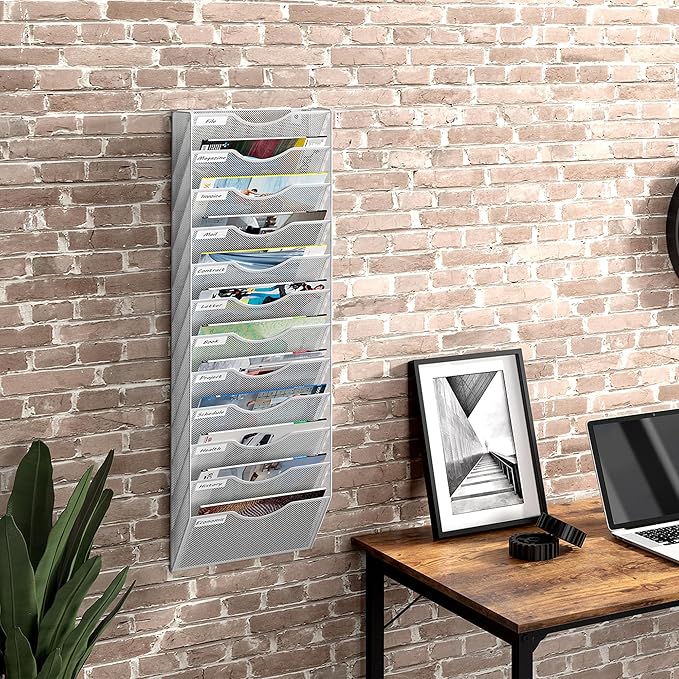 12 Tier Hanging Wall File Holder, Metal A4 Wall Mounted Document Holder, Vertical Hanging Mail Organizer, Magazine Storage Rack for Office Home Classroom, White