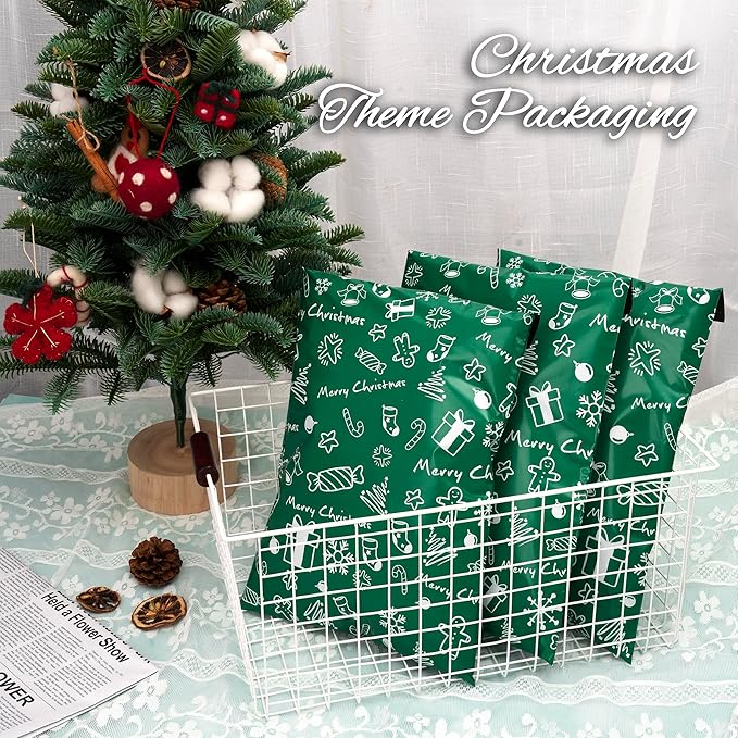 Christmas Poly Mailer 10x13 Inch 100 Pcs, Waterproof Shipping Bags for Clothing, Tear-Resistant Mailier Bags, Strong Mailing Bags with Self-Seal - Green Merry Christmas
