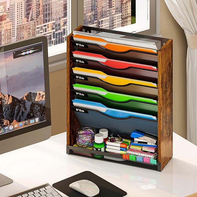 6-Tier Wall File Organizer with Bottom Tray, Ironwood Mail Organizer Wall Mounted with Metal Mesh, Document Organizer for Paper, Folder, Magazine, Office Desk Accessories for Home Cubicle Countertop