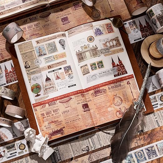 24 Rolls Vintage Washi Tape Set, Antique Car Buildings Map Stamp Stripe Writable Aesthetic Washy Decorative Tapes for Scrapbooking, Junk Journal Supplies, Bullet Journaling 5-75mm Wide (3m Long)/Roll