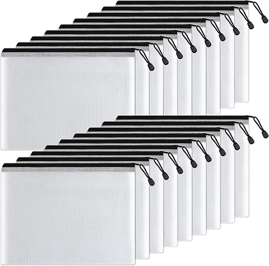 SUNEE Plastic Mesh Zipper Pouch 10x14 in (Black, 18 Packs),Extra Large Water-Resistant Zip Bag for School Office Supplies, Puzzles & Games Organizing Storage