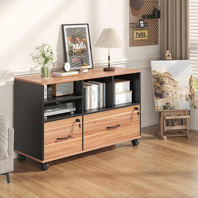 2 Drawer Wood Mobile Large Lateral File Cabinet with Lock, Lockable Rolling Filing Cabinet with Storage Shelves, Printer Stand Office Storage Cabinet for Home Office Fits Files Legal/A4