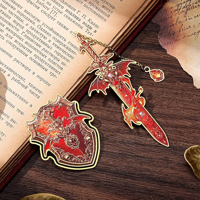 Dragon Knight Metal Bookmark & Book Clip Set - Sword Book Mark with Pendant & Shield Page Marker Clip - Fire Red Fantasy Gift for Men, Women, Kids, Readers, Book Lovers, RPG Gamers | Hymn to Heroes