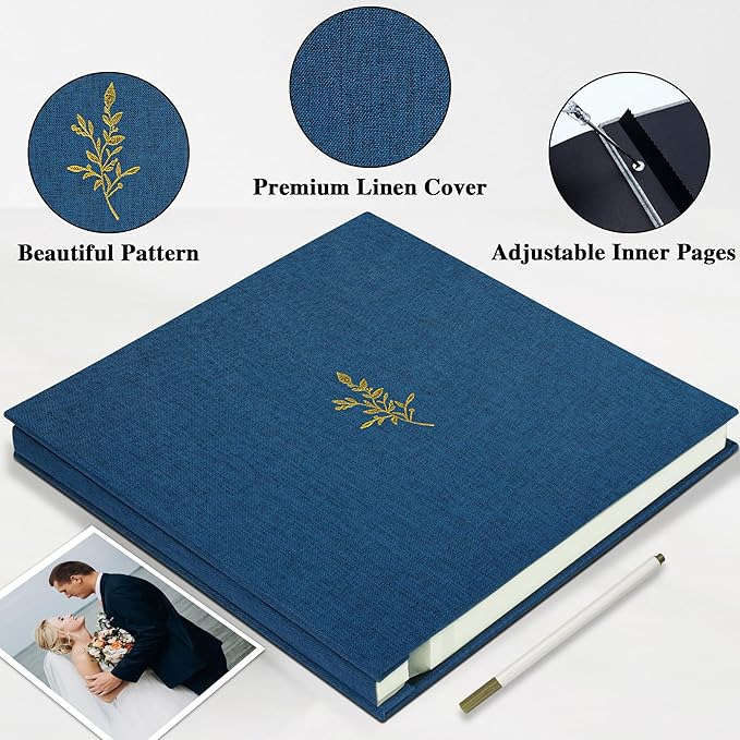 Self Adhesive Photo Album, Navy Blue Scrapbook Album with DIY 60 Blank Pages, Wedding Photo Album with A Metallic Pen for 4x6 5x7 2x3 Pictures,12.9"x13.4"