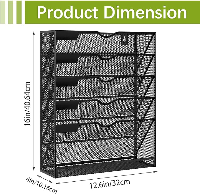 EasyPAG 5-Tier Wall File Holder, Mesh Hanging Folder Organizer with Classify Label, Versatile Desk File Organizer for Office Home, Vertical Wall Mounted Mail Sorter, Sides Closed, Black