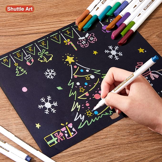 Shuttle Art Metallic Marker Pens, 30 Colors Metallic Paint Markers with 1 Coloring Book Fine Point for DIY Card, Calligraphy, Art and Crafting Projects, Works Great on Black Paper, Scrapbooks, Rock