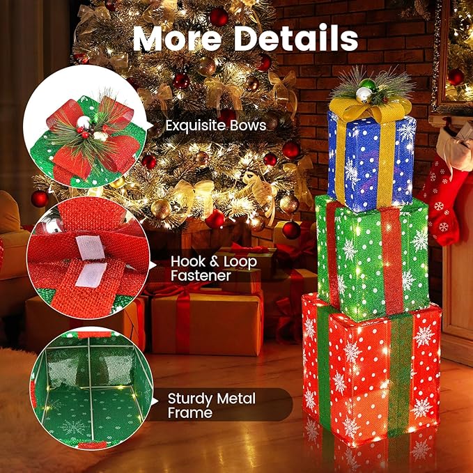 Tangkula Set of 3 Lighted Boxes Decoration, Lighted Present Boxes Set with Exquisite Boxes, Indoor Outdoor Christmas Decoration with 52 Pre-lit LED Lights for Yard Lawn Porch