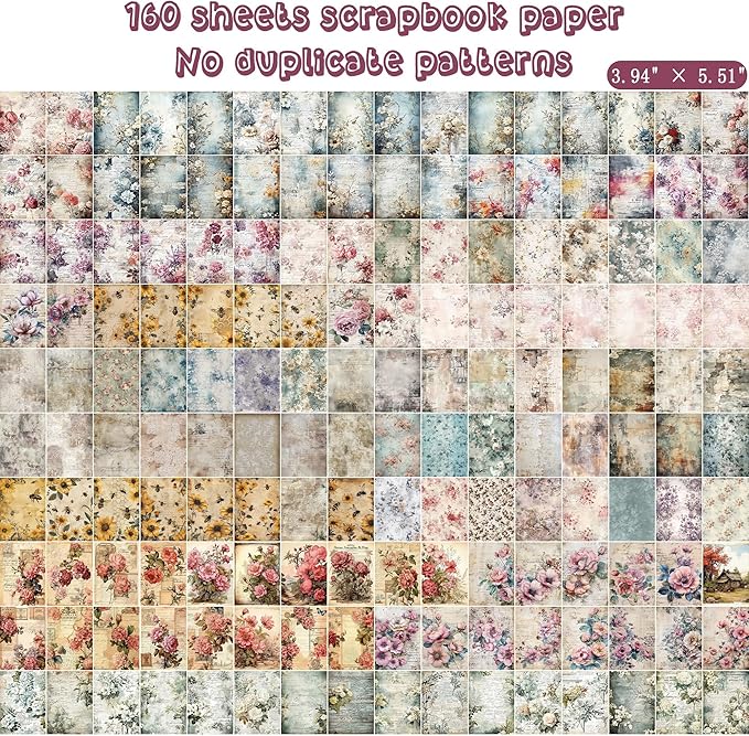 160 Sheets Vintage Flower Scrapbook Paper Purple Pink Flowers with Cursive Script No Repeating Patterns Perfect for Junk Journal DIY Cards Craft Albums Scrapbooking Supplies (Purple, 3.9 x 5.5 inches)