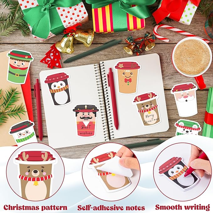 CJiangpo Christmas Sticky Note Set - 24 Pack Coffee Cup Sticky Note Pads with Ballpoint Pens Ribbons, Funny Memo Pad Stationery Set Classroom Rewards Xmas Party Favors School Office Appreciation Gifts