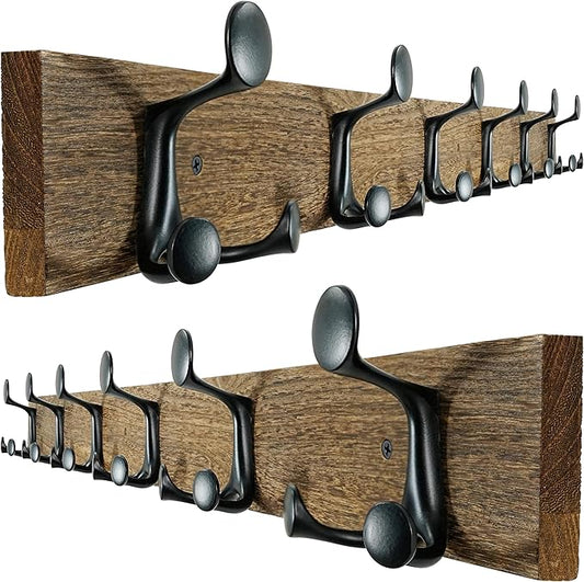 SKOLOO 39-Inch Wood Burnt Coat Rack Wall Mount with 6 Triple Hooks - Ideal for Family Entrances, Classrooms, and Pet Supplies Storage - Perfect Coat Hooks for Wall, Pack of 2