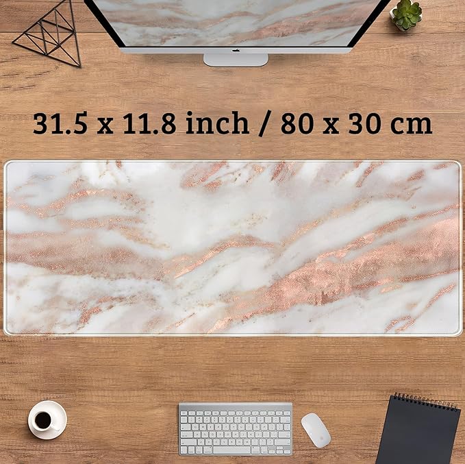 Cute Desk Mat Rose Gold Marble Mouse Pad Gaming XL Large Extended Desk Matt for Desktop Aesthetic Desk Pad, Laptop Keyboard Mouse Mat for Women Office Desk Decor Accessories Deskmat 31.5x11.8 in