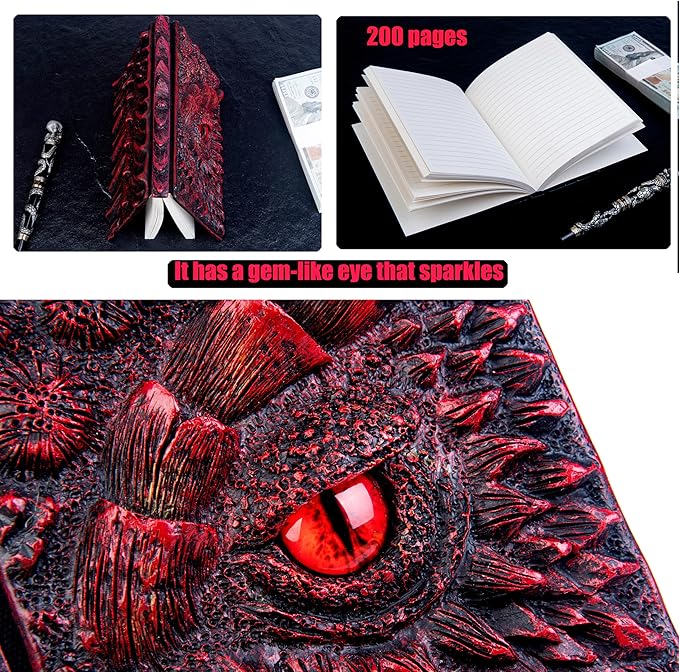 3D Dragon Eye Embossed Journal,Resin Engraving Notebook,Dnd notebook for Dragon Lovers ，Blank Paper,Hardcover Travel Notepad for Writing,Sketchbook,Collection,Gift,Decoration A4 and A5 Size (A5-Red-Lined-Brooch)
