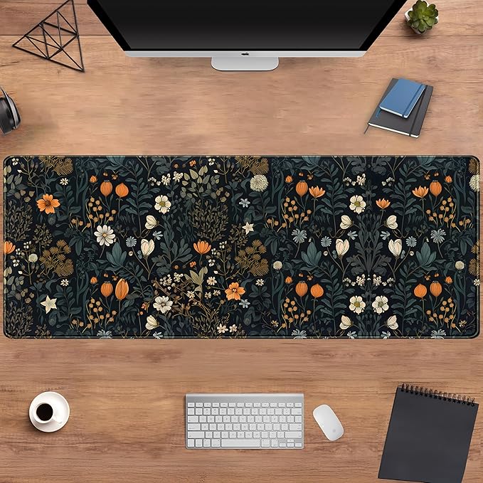 Retro Dark Floral Desk Mat Cute Plant Flowers Mouse Pad XL Large Desk Pad Aesthetic Sage Desk Matt for Desktop, Laptop Computer Keyboard Mouse Mat for Women Office Decor Accessories 31.5x11.8 in