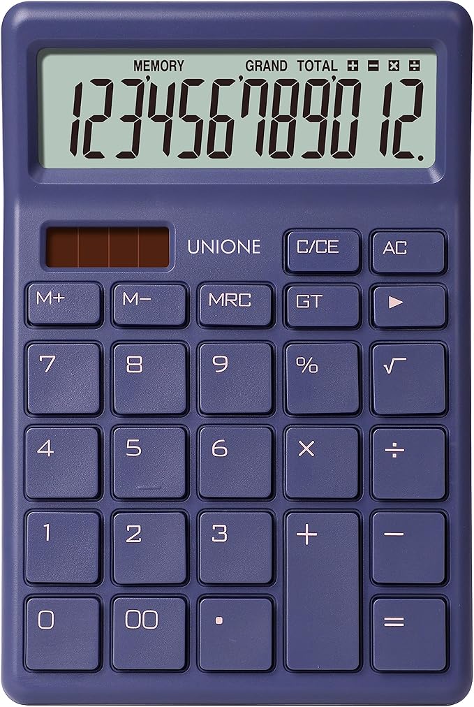 UNIONE Desktop Navy Calculator with a Bright LCD, Dual Power Handheld Desktop. Color. Business, Office, High School, 4×6 inch
