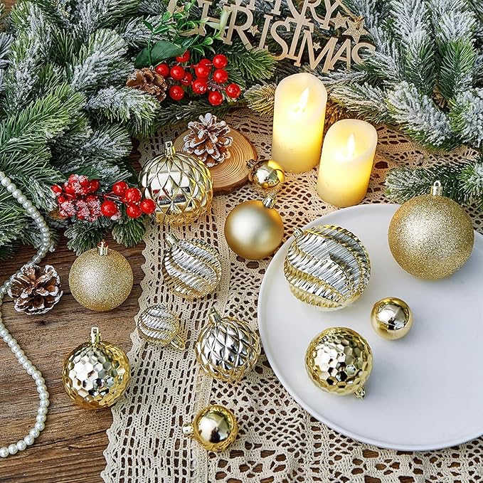 Christmas Balls Ornaments -36pcs Shatterproof Christmas Tree Decorations with Hanging Loop for Xmas Tree Wedding Holiday Party Home Decor,6 Styles in 3 Sizes（Gold）
