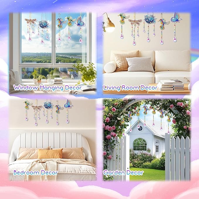 5Pcs Diamond art Kits for Kids/Adults, Crafts for Kids Ages 8-12, DIY Diamond Painting art Wind Chimes Crystal Window Suncatcher Craft, Birthday Gifts for 7 8 9 10 11 Year Old Girls, Home Garden Decor