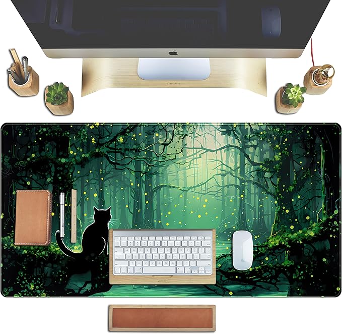 Kawaii Green Forest Desk Pad Mouse Pad Cute Black Cat Desk Mat, XXL Extended Anime Cats Large Gaming Mousepad, Computer Keyboard and Mouse Deskpad Decor Deskmat with Stitched Edges Mat 31.5x15.7 in