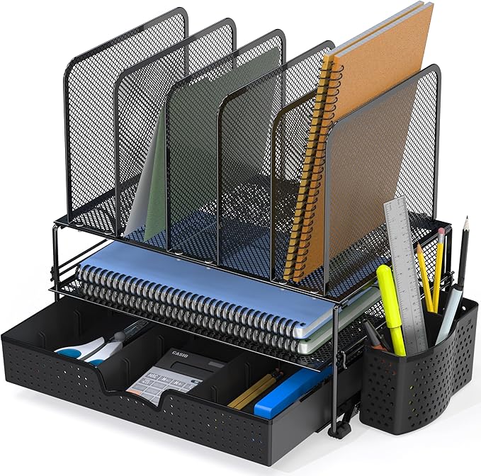 SIMPLE HOUSEWARE Mesh Desk Organizer with Sliding Drawer, Double Tray and 5 Upright Sections, Black