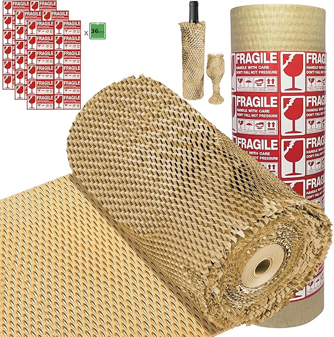 Bubble Wrap Substitute - Honeycomb Packing Paper 15''x280', Cushioning Wrap Moving, Shipping, Packing for Glassware, Plates, Cups with 36 Fragile Sticker Labels