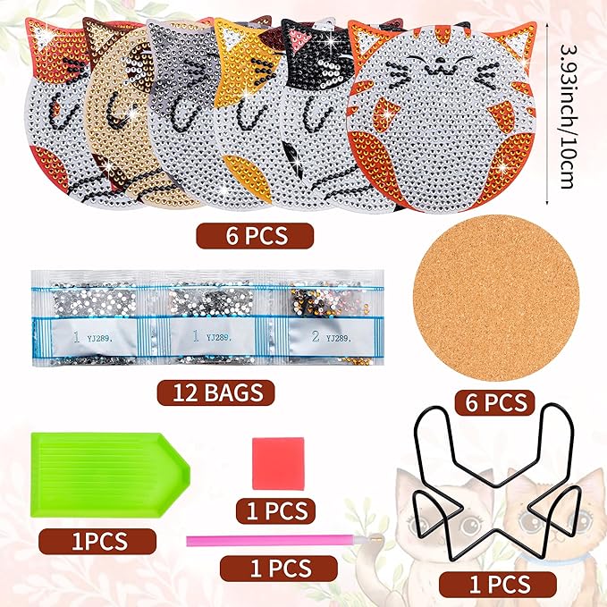handlish 6 Pieces of Cute cat Diamond Art Coaster with Stand, Adult and Child Diamond Painting Art Set, DIY Diamond Art for Beginners, Family Craft Items (CAT)