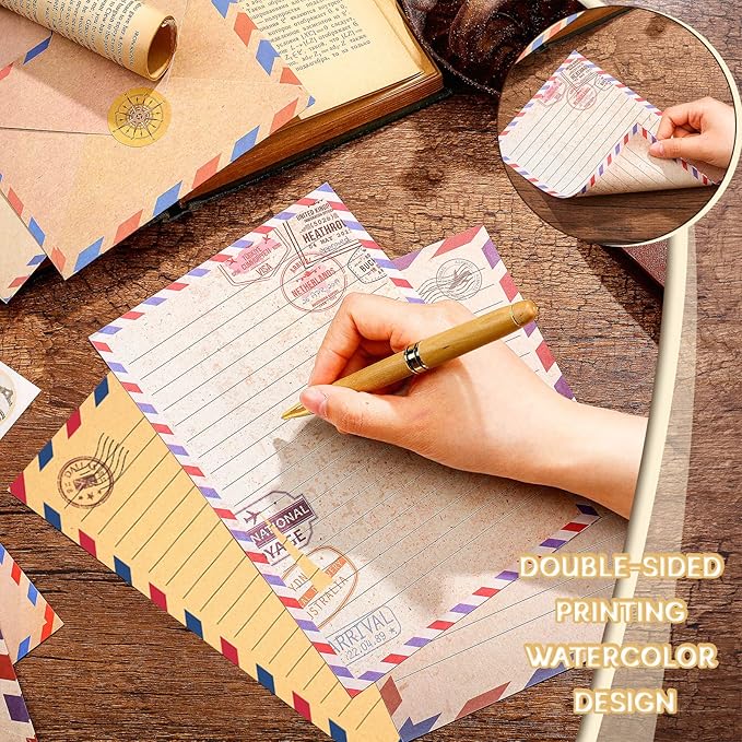 TaoBary 160 Pcs Stationery Paper Set 50 Double Sided Stationery Papers with 50 Matching Envelopes and 60 Round Dot Sticker, 10 Design(Vintage Airmail,5.5 x 8.25 Inch)