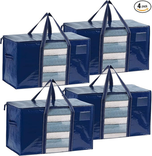 VENO 4 Pack Moving Bags, Moving Supplies, Moving Boxes, College Packing Storage Boxes with Lids Alternative, Heavy Duty Totes, Extra Large, Sturdy Handles, Zipper (Blue with Window, 4 Pack)