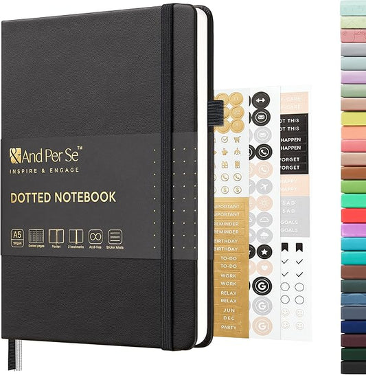 &And Per Se Dotted Journal Notebook, A5 Hardcover Leather Bullet Dotted Journal, 160 Pages 100 gsm Thick Paper, 3 Sheets of Stickers Included (Black)