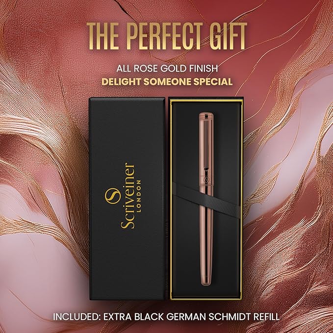 Scriveiner Rose Gold Rollerball Pen - Stunning Luxury Pen, Schmidt Ink Refill, Best Roller Ball Gift Set for Men & Women, Professional, Executive Office, Nice Pens