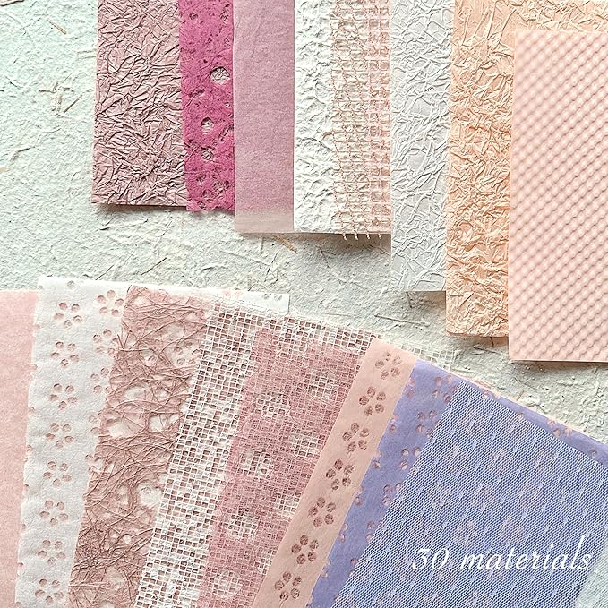 Aromoty 30 sheets A5 Unique Textured Scrapbook Paper&Mesh Fabric set - Handmade Craft Mulberry Special Paper Mix for Scrapbooking Junk Journaling Supplies Card DIY Materials Collage, 5.8x8.2 Inches