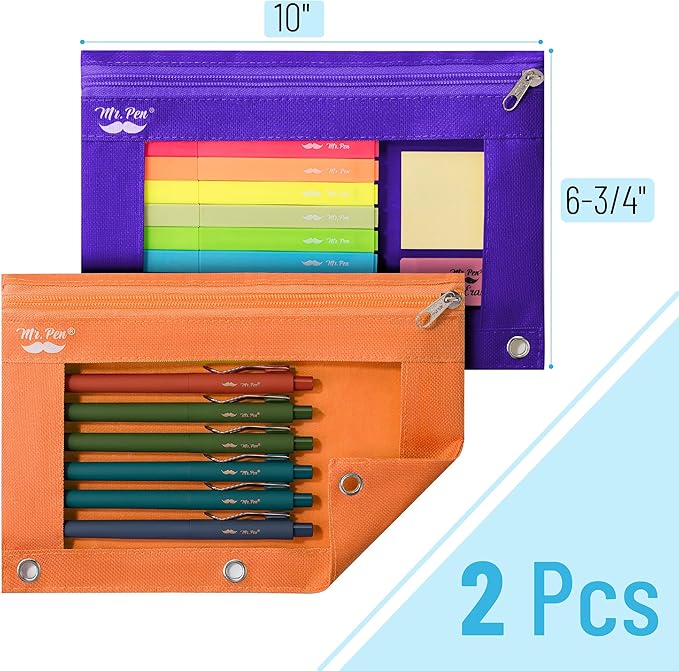 Mr. Pen- Pencil Pouch for 3 Ring Binder, 2 Pack, Orange and Dark Purple, 3 Ring Binder Pencil Pouch