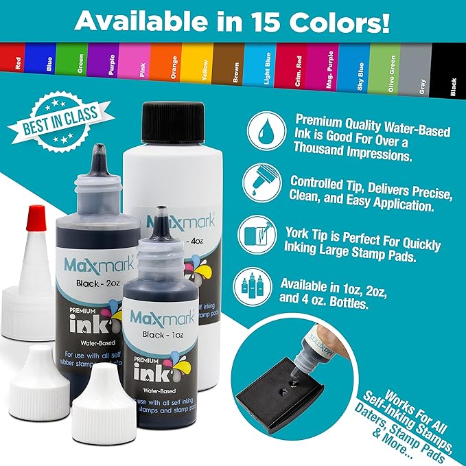 MaxMark Premium Refill Ink for self Inking Stamps and Stamp Pads, Crimson Red Color - 1 oz.