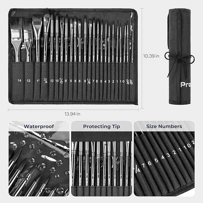 Nicpro 24pcs Watercolor Brushes Professional, Soft Synthetic Squirrel Hair Watercolor Brush Set with Cloth Roll, Round, Liner, Flat, Filbert, Dagger, Cat Tongue for Water Color Gouache Inks Painting